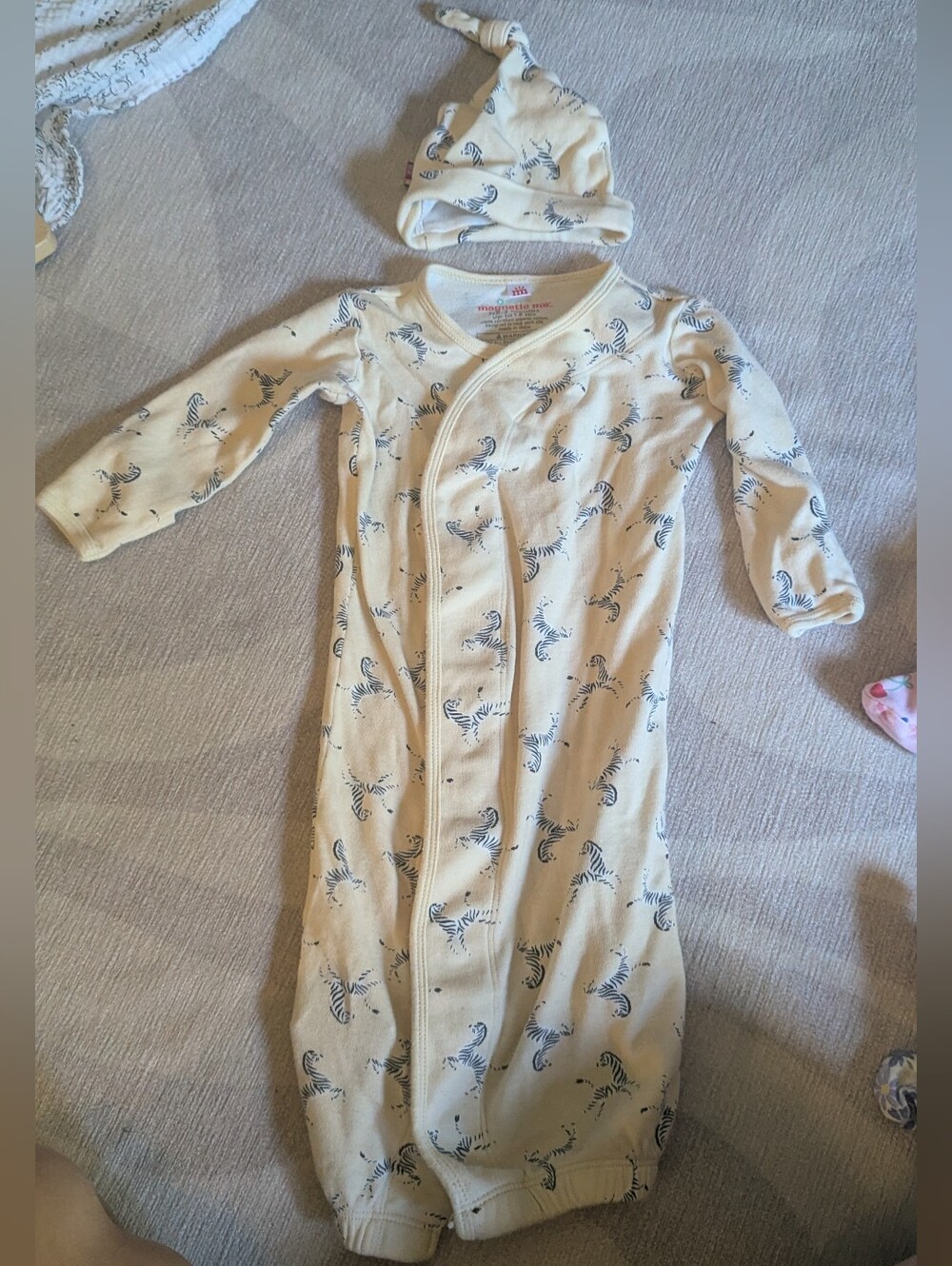 Magnetic Me Cream Sleep Gown with Navy Zebra Print and Knot Hat